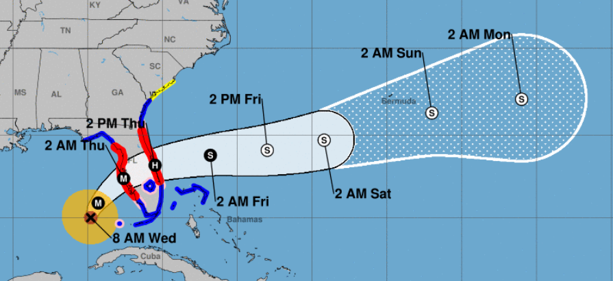 Image of the projected path of Hurricane Milton. It is expected to cross the middle of Florida, with impacts throughout that state and into southeastern Georgia.