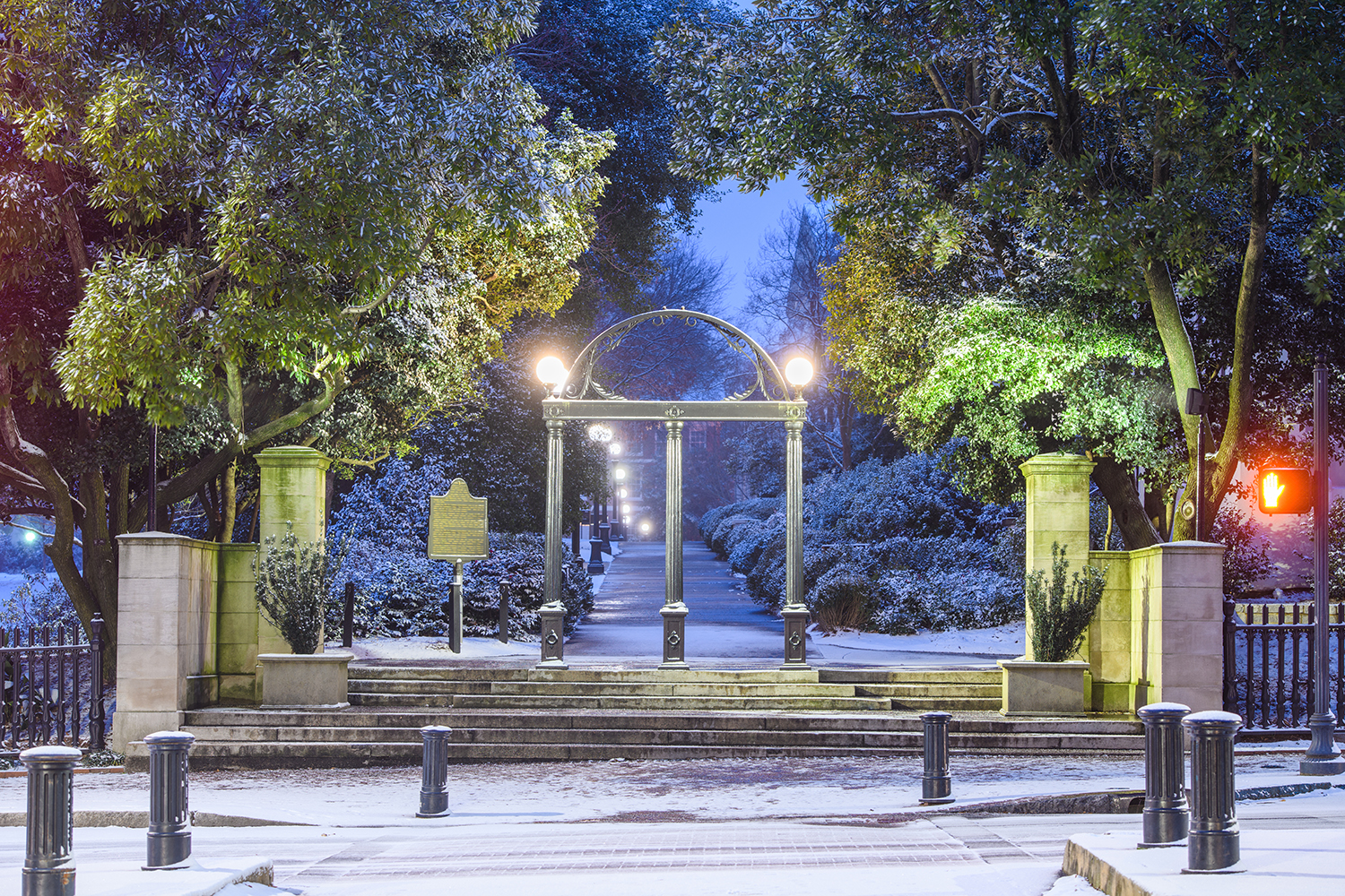 Image of the Arch at the University of Georgia, in snowy conditions.