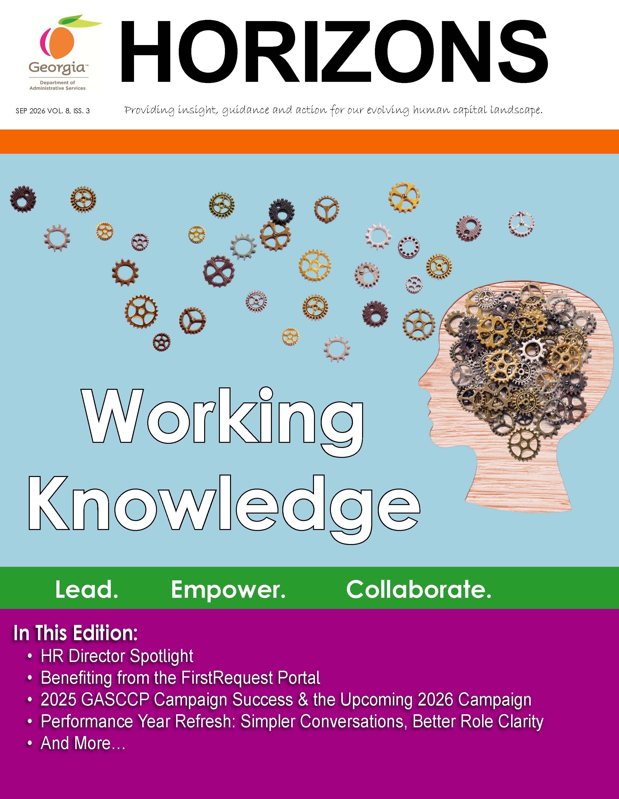 A cover for the Q3 HRA HORIZONS. The cover shows a head surrounded by gears, with the theme reading, "Working Knowledge."