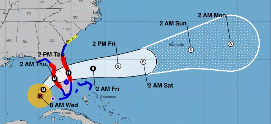 Image of the projected path of Hurricane Milton. It is expected to cross the middle of Florida, with impacts throughout that state and into southeastern Georgia.