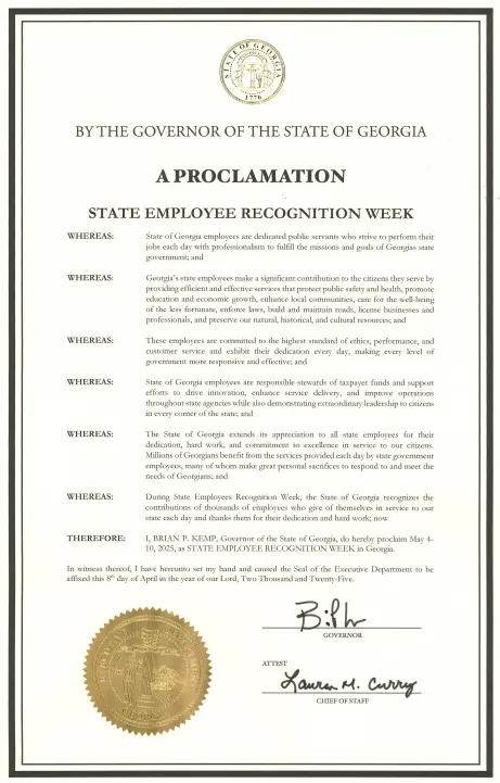 Image of a proclamation declaring May 4-10, 2025 as State Employee Recognition Week in Georgia