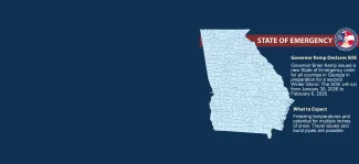 Image graphic of Georgia, with counties outlined. Banner heading reads: "State of Emergency." Text states the state of emergency extends through February 6. Text also states to expect freezing temperatures and multiple inches of snow. Travel issues and burst pipes are possible.