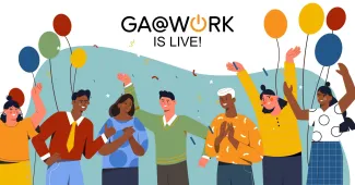 GA@WORK is live celebration graphic featuring diverse employees, balloons, confetti, and the text “GA@WORK IS LIVE!” above the group.