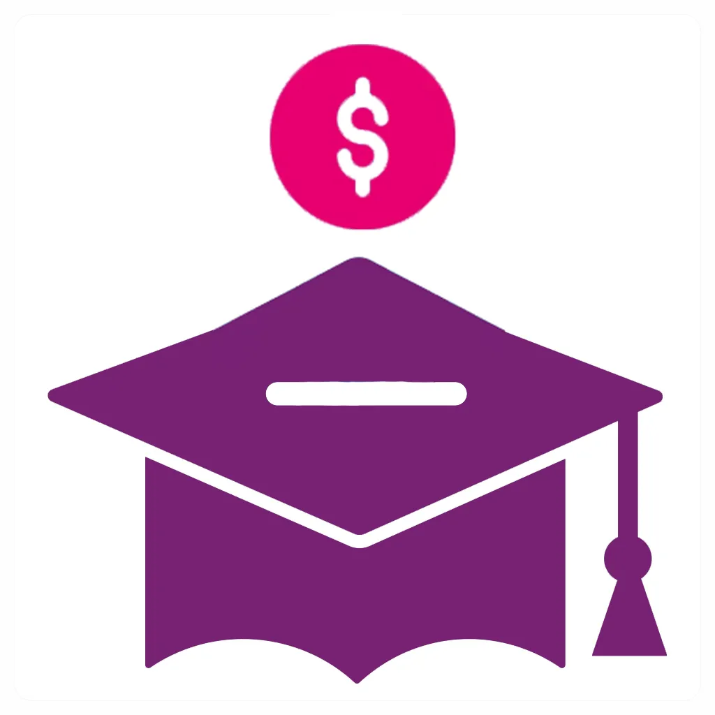 A purple graduation cap has a coin slot in its top, and a pink coin hovers over it.