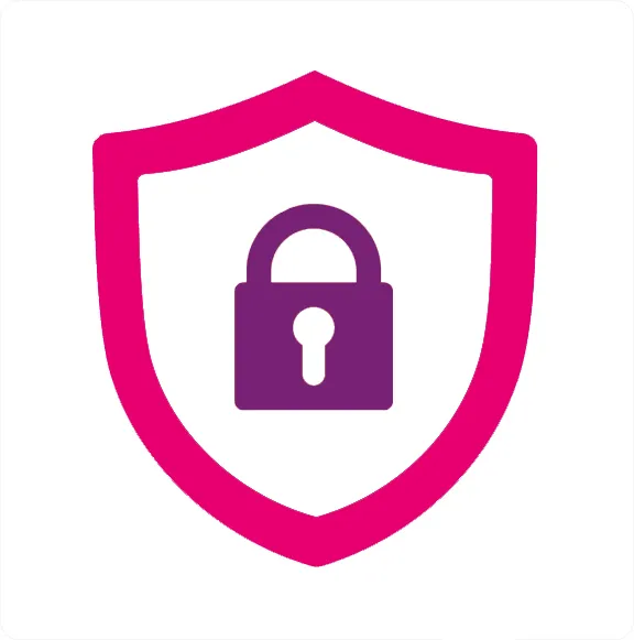A pink-bordered heraldic shield with a purple padlock on a white field..