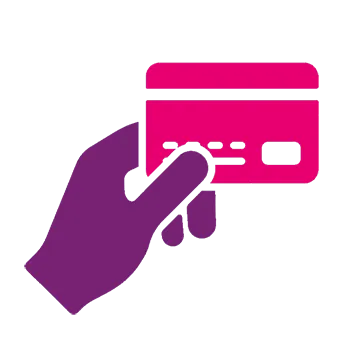 A purple hand holds a pink credit card.