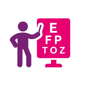 A purple person points to letters on a pink eye examination chart.