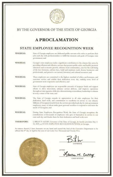 Image of a proclamation declaring May 4-10, 2025 as State Employee Recognition Week in Georgia