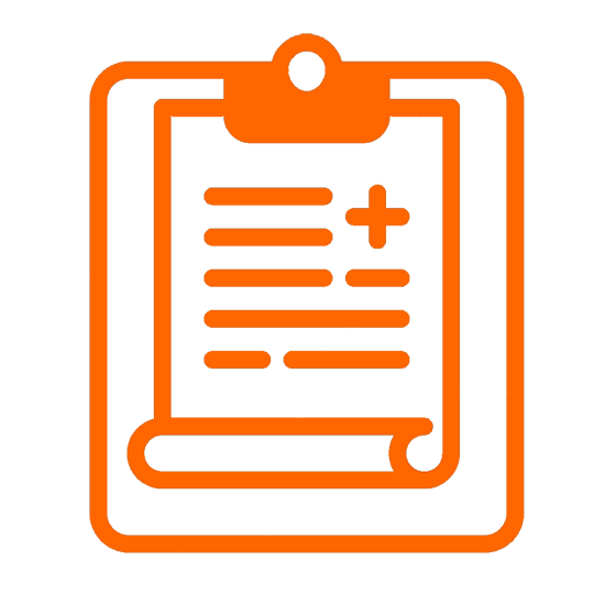 An orange clipboard with a piece of paper attached.