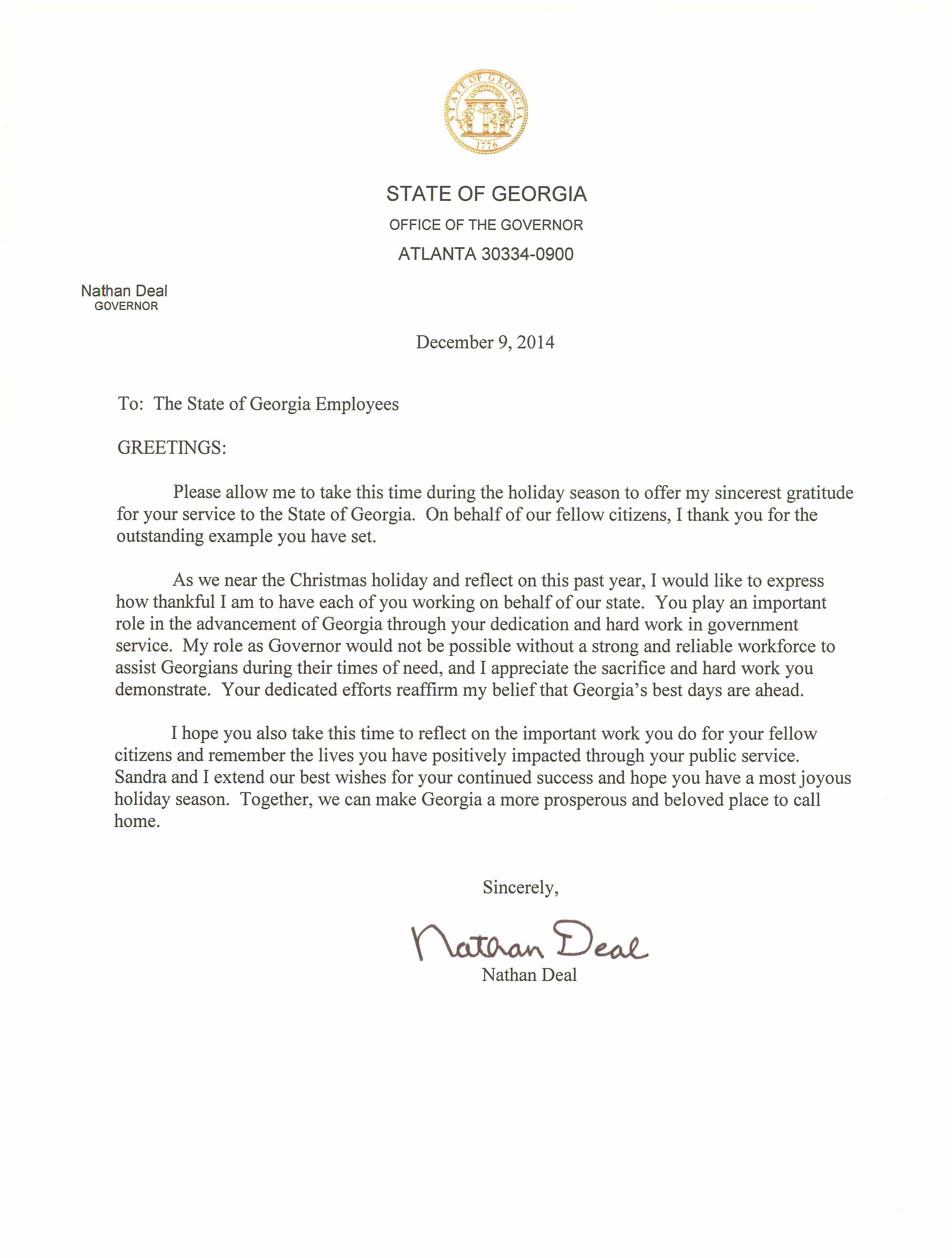 Holiday Season 'Thank You' letter to State Employees from Governor Deal 